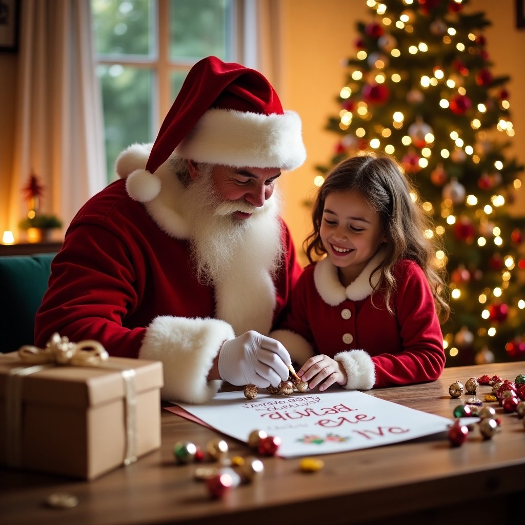 In a festive, cozy room, Santa Claus is seated at a beautifully decorated table, drawing names on Christmas baubles. A cheerful child, wearing a matching red outfit, is sitting closely beside him, watching in excitement. The warm glow of the room, adorned with a decorated Christmas tree filled with colorful ornaments, enhances the joyful atmosphere. Gift boxes and holiday treats are scattered around, adding to the festive ambiance. Santa is focused on writing names like Olivia, Evie, and Ava on the baubles, creating a magical moment of holiday cheer.