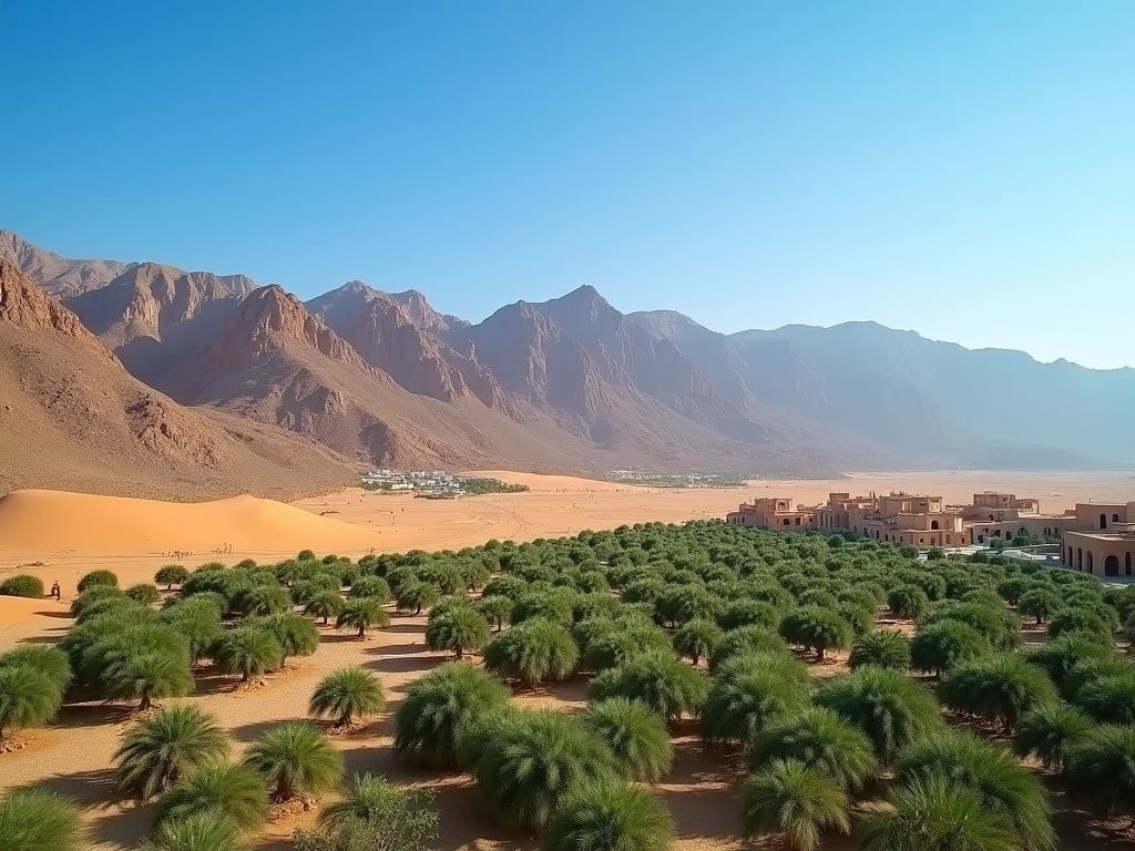 A stunning landscape in Oman showcasing a vast desert with mountains in the background. Lush greenery of palm trees creates a vibrant contrast against the sandy terrain. The sky is clear with a bright sun illuminating the scene. This image captures the essence of the natural beauty and unique geography of Oman. Ideal for travel enthusiasts looking to explore desert landscapes and serene oasis towns.