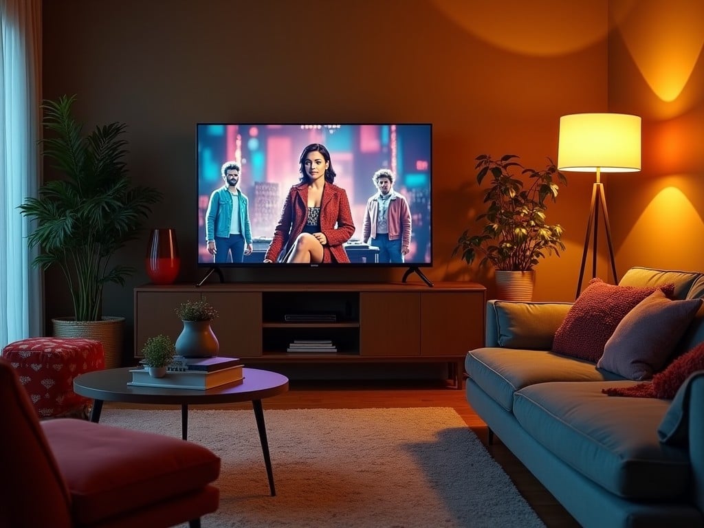 This image features a cozy living room designed for relaxation and entertainment. A large flat-screen TV is the focal point, displaying characters from a compelling background TV show. Surrounding the TV, the room features stylish furniture with warm hues, giving a welcoming ambiance. The lighting is soft and warm, accentuated by a contemporary floor lamp. Plush cushions on the sofa add comfort, while indoor plants enhance the aesthetic appeal of the space.