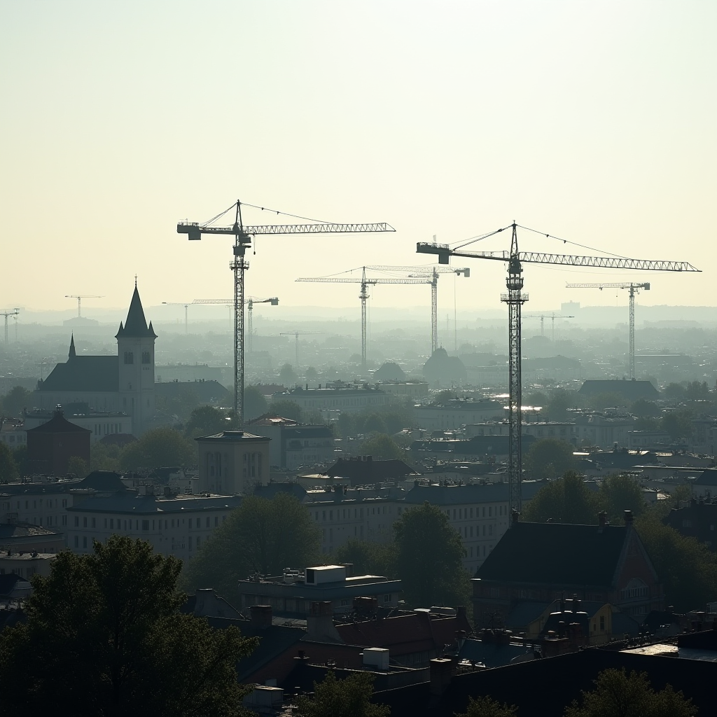 Construction cranes dominate a city skyline overshadowed by a morning haze, with rooftops and a distant cathedral blending into the misty horizon.