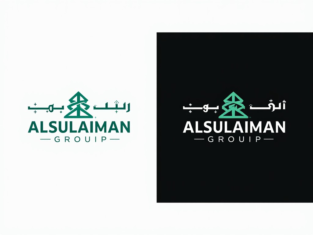 The image shows the logo of the Alsulaiman Group. It features an abstract geometric design in teal, possibly representing interconnected lines or structures. Beside this design, the name "Alsulaiman Group" is displayed in bold white text on a black background. There is text in Arabic script above the English name. The overall design communicates a professional and modern business identity.