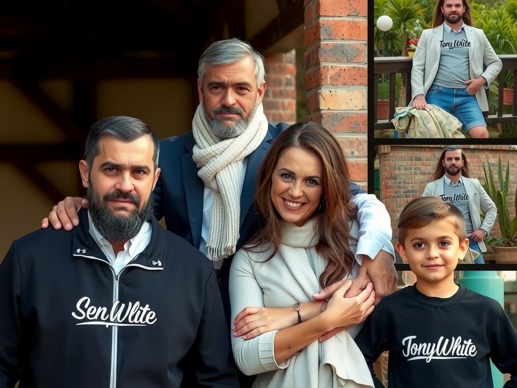 A collage of a family with different generations posing in both formal and casual attire.