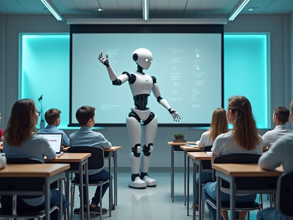 In a modern classroom, a humanoid robot stands in front of students, demonstrating a lesson about AI. The environment is futuristic, with sleek furniture and bright turquoise lighting. The students, a mix of genders and ages, are seated at desks, engaged and looking at the robot. The robot is anthropomorphic, with a friendly demeanor, gesturing as it explains concepts. The background displays digital content related to artificial intelligence, enhancing the educational atmosphere. This image captures the integration of technology into learning.