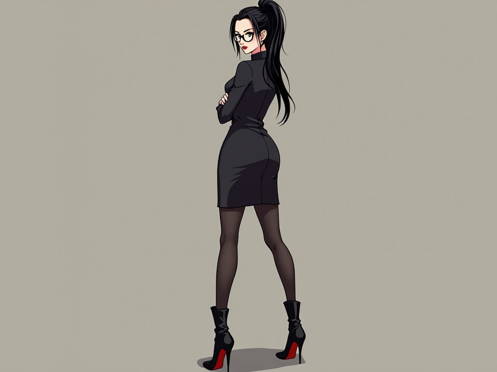 This image features an anime-style illustration of a woman standing confidently in an office-like setting. She is dressed in a professional outfit, including a white blouse, a black skirt, and high heels. Her hair is styled in a high ponytail, and she wears glasses, giving off a sophisticated and confident demeanor. The room is softly lit by light coming through a window, with curtains and a plush chair enhancing the professional ambiance.