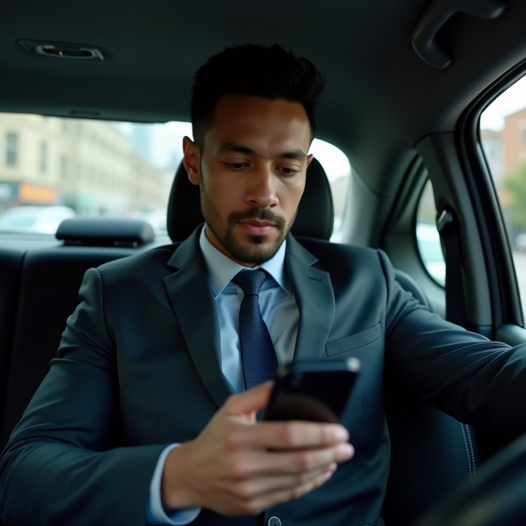 A man in a suit intensely focused on his phone while sitting in a car's backseat.