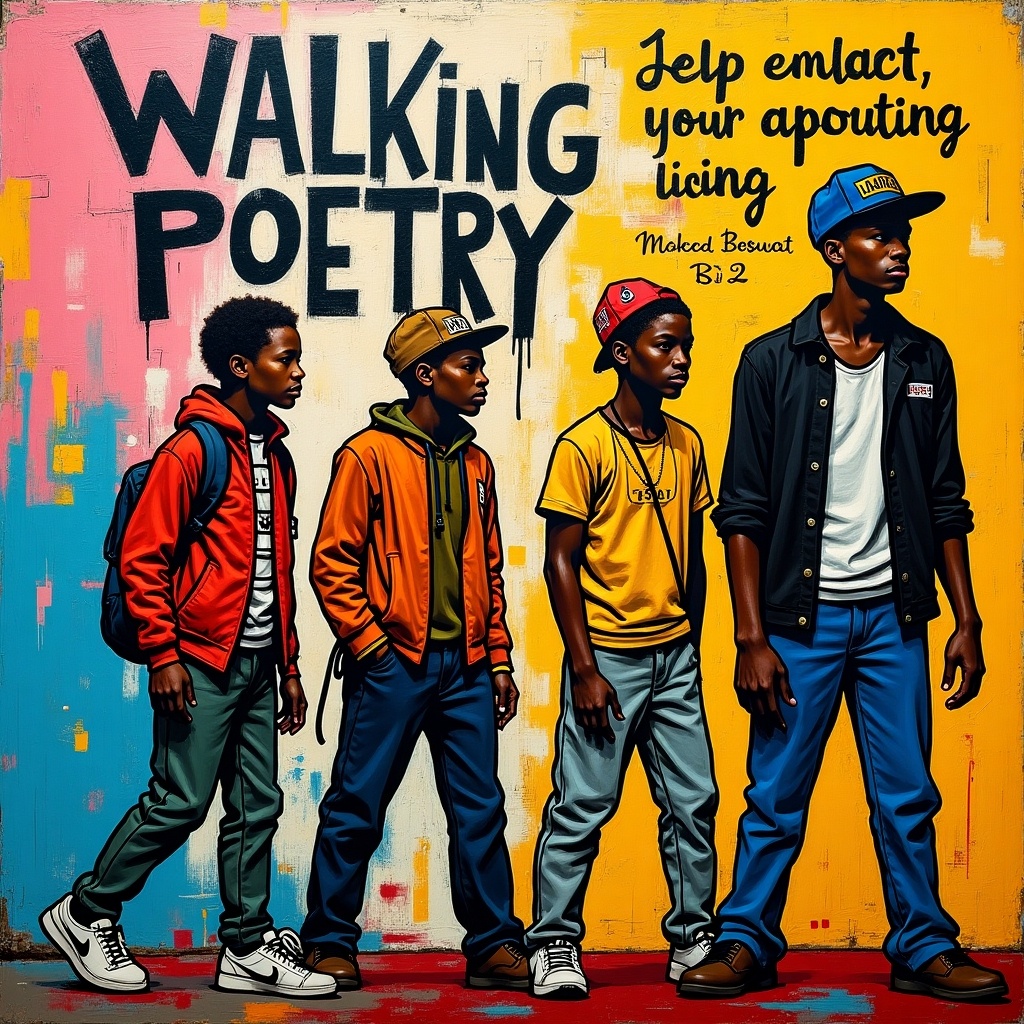 This image illustrates a vibrant street portrayal of four young men dressed in contemporary streetwear. They are positioned against a colorful mural background that contains the words 'Walking Poetry.' The figures exemplify a strong sense of identity and confidence, with their diverse outfits showcasing various styles that reflect urban culture. Each character's expression contributes to the theme of empowerment and artistry, reminiscent of the influential work of Jean-Michel Basquiat. The overall aesthetic combines elements of modern art with a bold street vibe, encouraging viewers to appreciate the narrative behind the visual.