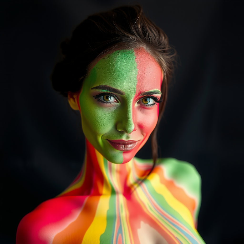 A woman with her face and body adorned in bold, colorful paint creating a striking and artistic visual.