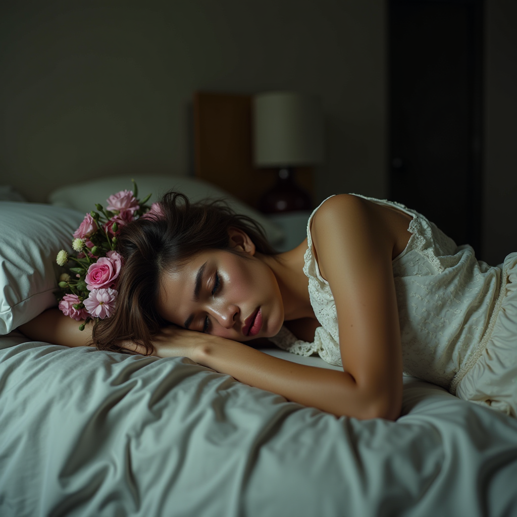 A woman in a white dress sleeps on a bed with flowers beside her head.