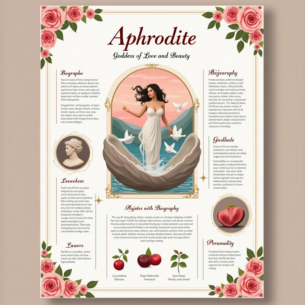 The poster visually introduces Aphrodite, the Goddess of Love and Beauty. The title is prominently displayed at the top, set against a subtle gradient background. In the center, an elegant illustration of Aphrodite emerges from the sea within a giant shell, surrounded by doves and pearls. Below, a biography section outlines her origins and associations, along with a myth highlight detailing her miraculous birth. Icons representing her symbols are neatly arranged with captions. Additional text explores her personality and the powers associated with her character. The overall color scheme incorporates shades of pink, gold, and ocean blue, enhanced with floral decorations. An optional QR code links to further resources on Aphrodite.