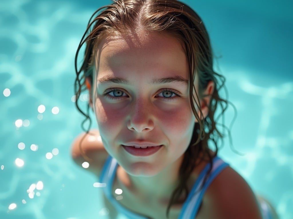 This image captures a young girl smiling gently while partially submerged in a sunlit pool. Her wet hair clings to her face, and the sunlight creates patterns of light on the water's surface. The bright turquoise of the pool contrasts with her soft features, evoking a serene and joyful atmosphere.