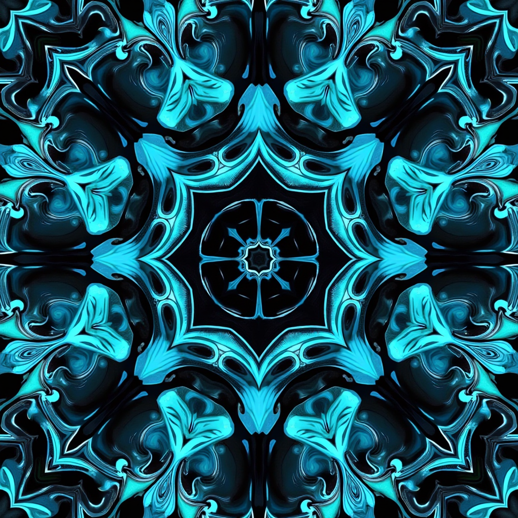 A symmetrical design with vibrant blue swirls and patterns on a dark background.