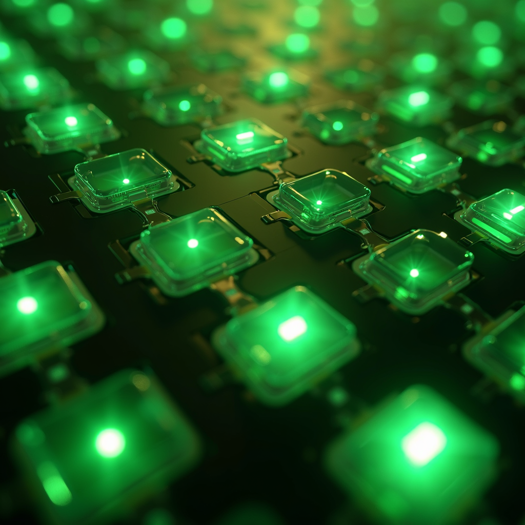 A close-up view of a circuit board with green glowing components.