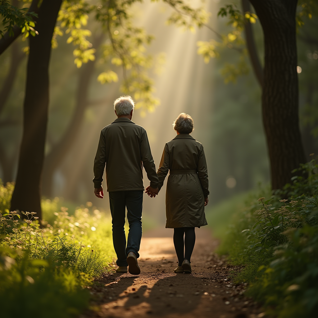 An elderly couple holds hands while walking down a sunlit forest path.