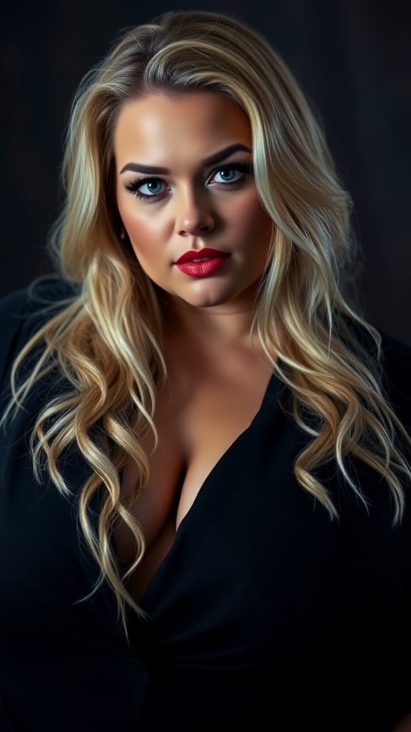 This image features a person with long, wavy, blonde hair and striking makeup, including bold red lipstick. The subject is wearing a black outfit, set against a dark background, which emphasizes their facial features. The photograph captures a confident and sophisticated expression, highlighting the elegance and poise of the individual.