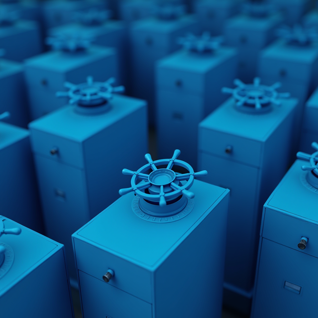 An array of blue safe deposit boxes with wheel handles in uniform alignment.