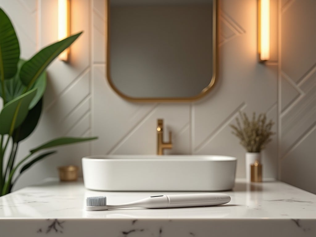 This image features a modern toothbrush placed elegantly on a marble countertop in a stylish bathroom. The setting is complemented by a sophisticated mirror and tasteful lighting fixtures. A lush green plant adds a touch of nature to the space, enhancing its contemporary feel. The overall design showcases a balance of elegance and functionality. Ideal for promoting dental hygiene or stylish home decor.