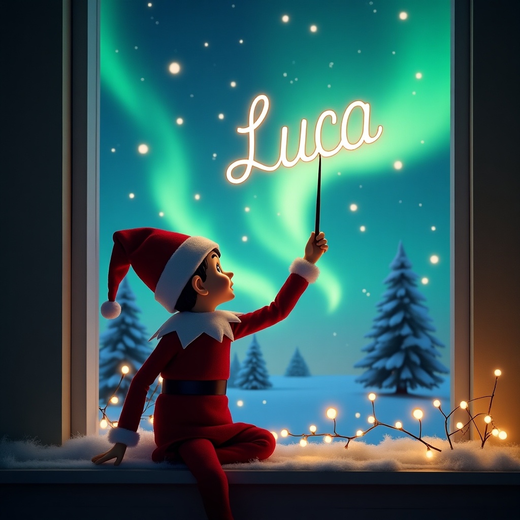 The image features an adorable elf on the shelf, seated with its back to the viewer. This elf, dressed in the classic red and white Christmas attire, is facing towards a dreamy sky filled with northern lights. The elf is artfully using a wand to write the name 'Luca' in glowing letters that hang in the air. The background consists of a picturesque winter landscape with snow-covered trees, creating a magical atmosphere. Cozy holiday lights adorn the window sill, enhancing the festive feeling of the scene.