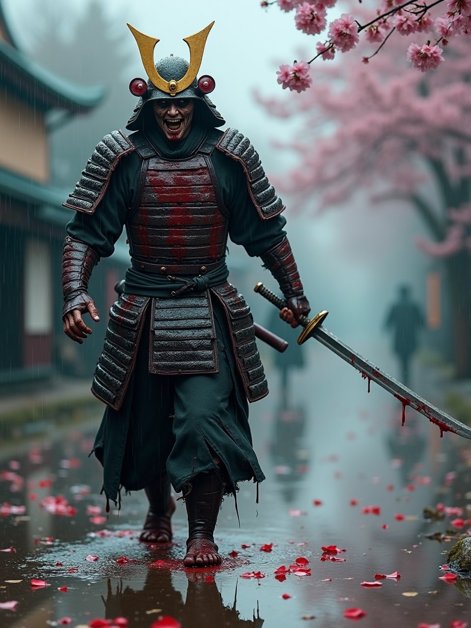 The image depicts a menacing samurai character walking through a rain-soaked street. Dressed in full armor and wielding a blood-stained sword, the samurai exudes an aura of fear and power. Cherry blossom petals are scattered on the wet ground, adding a stark contrast to the dark, gory elements of the scene. The background showcases traditional Japanese architecture and softly falling rain, enhancing the dramatic mood.