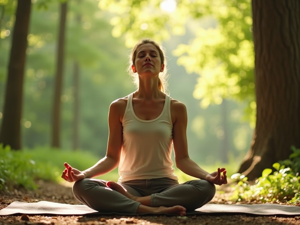 The image features a person sitting cross-legged in a peaceful outdoor setting. They are meditating with their eyes closed, exuding tranquility and focus. The background is rich with natural greenery, creating a serene atmosphere. Soft sunlight filters through the trees, enhancing the calming vibe of the scene. This moment captures the essence of mindfulness and connection with nature naturally.