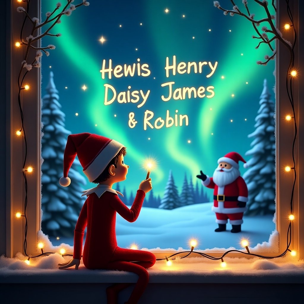 The image depicts an elf on the shelf, seated with his back towards the viewer, gazing up at the night sky. He holds a wand, magically writing the names 'Lewis Henry Daisy James Poppy & Robin' in glowing letters. The backdrop is a whimsical Christmas scene featuring vibrant northern lights swirling in the sky. Santa Claus is visible in the distance, bringing festive cheer to the scene. Snow-covered trees frame the window, enhancing the holiday atmosphere. Lights drape over the window sill, adding a cozy touch.