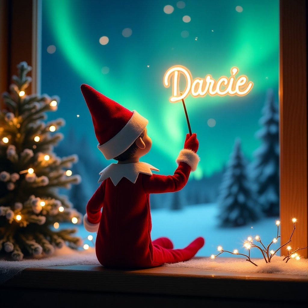 An enchanting Christmas scene unfolds with an elf on the shelf, facing the vibrant northern lights. This adorable elf, dressed in classic red and white attire, holds a magic wand. As he sits, he writes the name 'Darcie' in glowing script above him. The backdrop is a breathtaking display of the aurora borealis, filled with swirling greens and blues. The cozy atmosphere is completed with a decorated tree and twinkling fairy lights, capturing the essence of holiday joy. The entire scene radiates wonder, embodying the spirit of Christmas with its festive and whimsical touch.