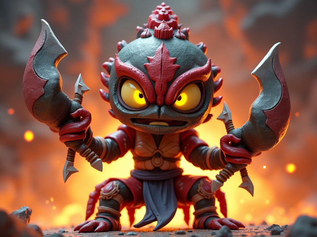 A fierce cartoon character warrior, holding two large blades, standing in front of a fiery background, with glowing yellow eyes, in a chibi or stylized design.