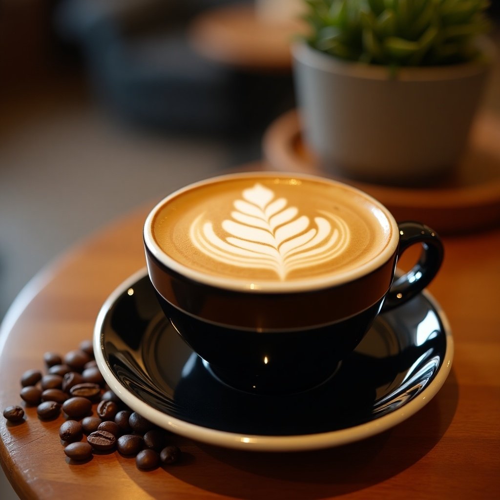 The image showcases a stylish black coffee cup filled with a creamy latte featuring intricate latte art in the shape of a leaf. It's placed on a polished wooden table, accompanied by a few coffee beans scattered nearby. In the background, there is a hint of a casual café environment with soft lighting creating a cozy atmosphere. The plant in the background adds a touch of greenery, enhancing the warm aesthetic. This scene encapsulates a perfect moment for coffee lovers to enjoy and appreciate their favorite drink.