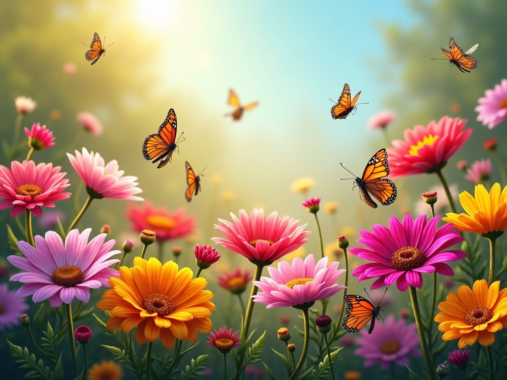 The image depicts a lush garden filled with a variety of colorful flowers, such as daisies and gerberas. Butterflies flutter gracefully among the blooms, adding a sense of liveliness to the scene. The background features a soft, blurred effect, suggesting the warmth of sunlight filtering through trees. These elements combine to create a serene and enchanting atmosphere. The overall composition draws the viewer's eye through the vibrant colors and delicate movements of the butterflies, celebrating the beauty of nature.