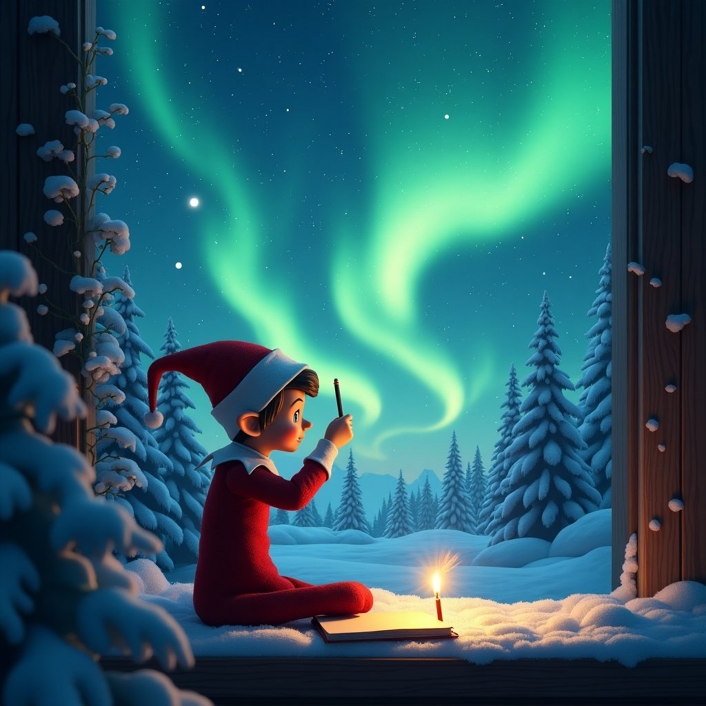 This illustration depicts a charming scene of an elf sitting on the snowy ground, writing the word 'Joy' in the sky with a sparkler amidst a stunning display of northern lights. The elf, dressed in a red outfit and pointed hat, is pictured in a serene winter wonderland. Snow-covered trees surround the elf, enhancing the magical atmosphere of the scene. The bright greens and blues of the auroras create a captivating backdrop, radiating warmth and cheer. This whimsical setting invites viewers into a world of enchantment and holiday spirit.