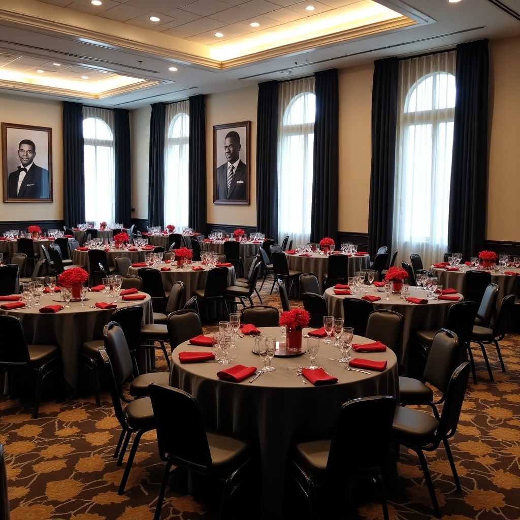 This image showcases a banquet room set for an event. There are 90 round tables arranged elegantly, each covered with charcoal grey table linens. The tables are adorned with red napkins, adding vibrant color to the setting. Large, floor-to-ceiling black and white portraits of African American graduates decorate the walls, adding a touch of sophistication. Light streams in through the white drapes, creating a welcoming atmosphere for guests. The room is designed for formal gatherings, such as receptions or banquets, emphasizing elegance and celebration.