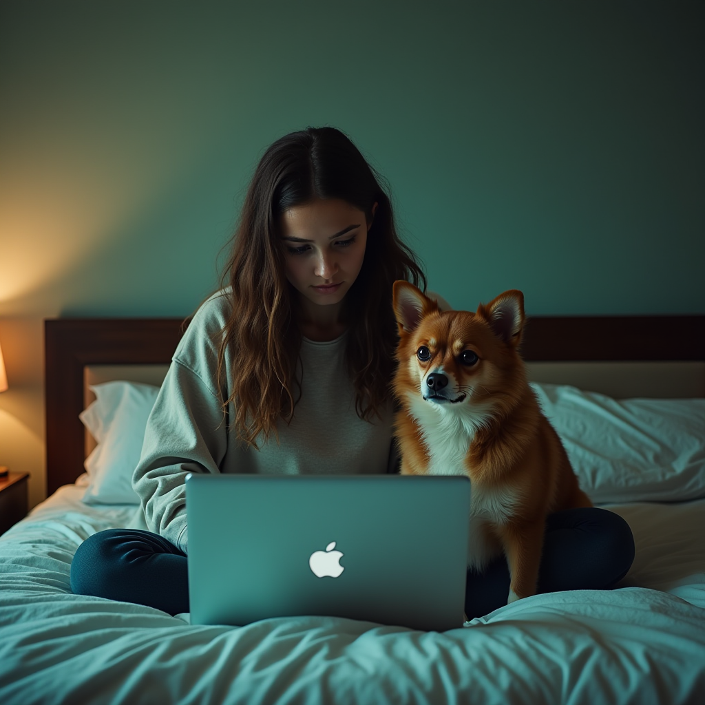 A woman sits on a bed using a laptop with a small dog beside her, illuminated by soft lamp light.