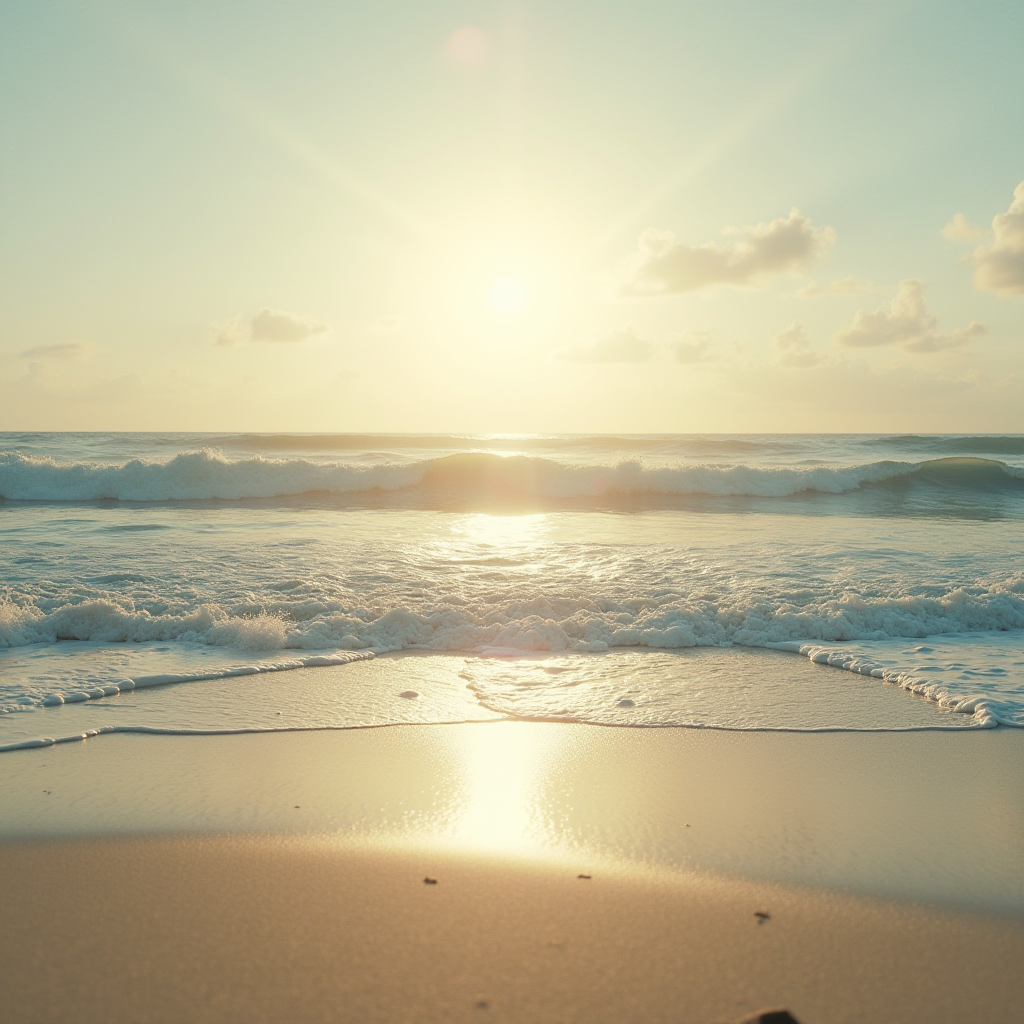 A serene beach at sunrise with gentle waves and a glowing sun on the horizon.