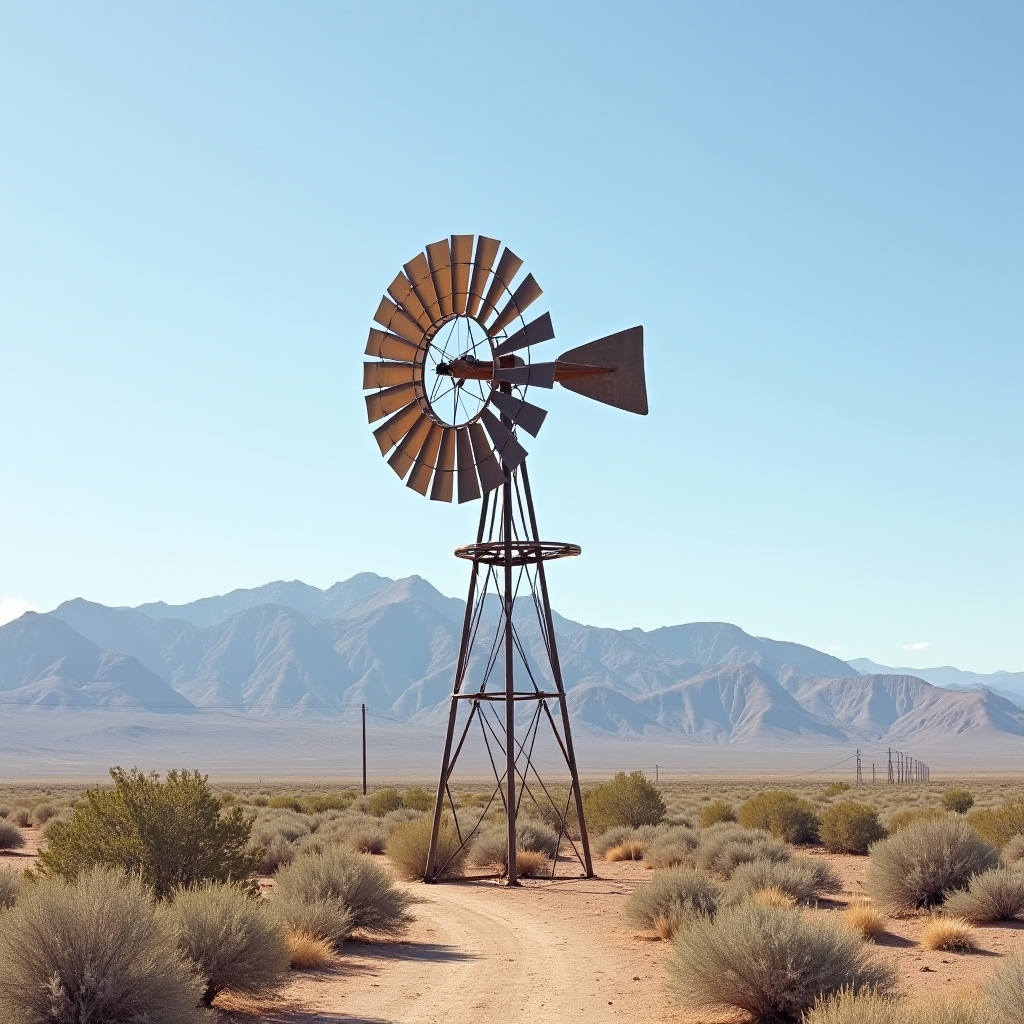 A lone windmill stands tall in a vast desert landscape with distant mountains under a clear blue sky.