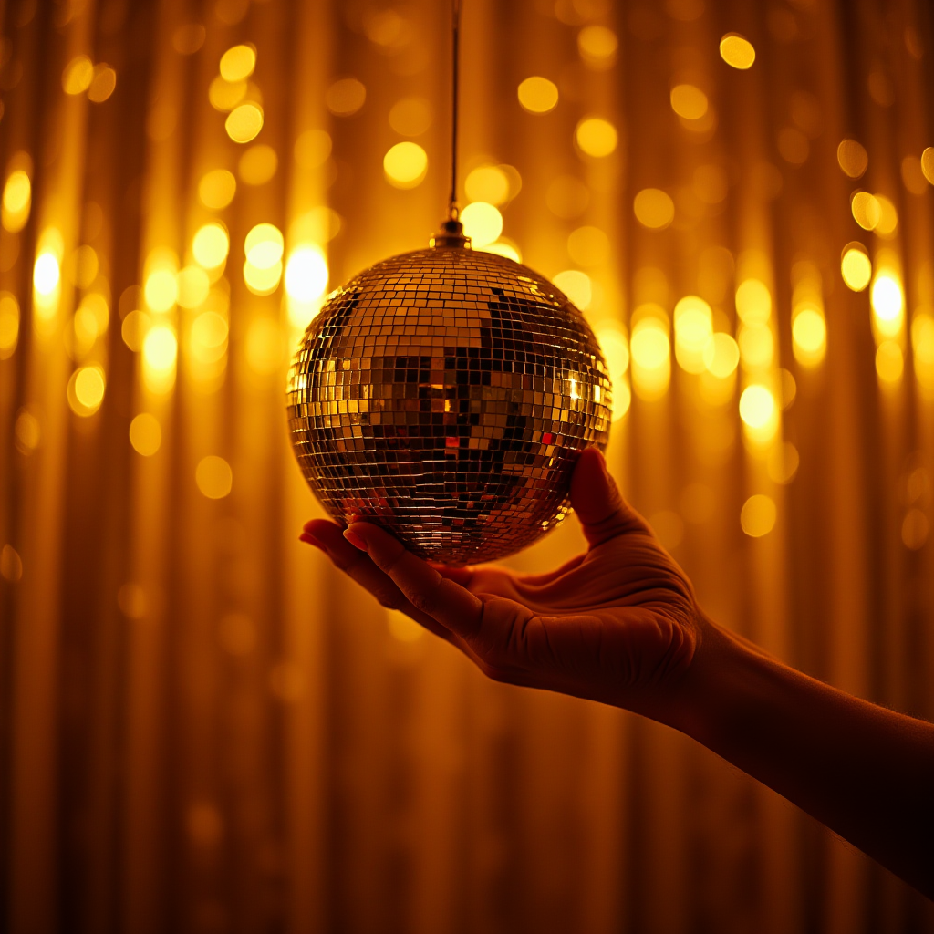 A hand holds a shiny disco ball against a backdrop of sparkling golden lights.