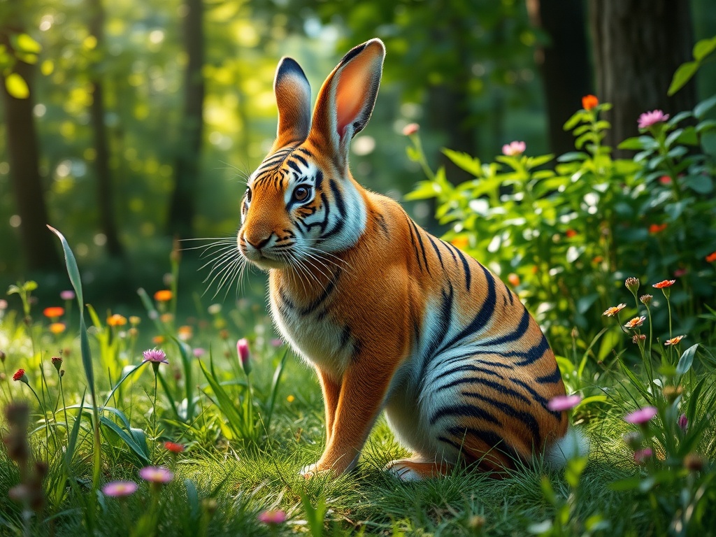 A fantastical creature sits at the center of a lush, sunny forest glade. This surreal animal appears to be a hybrid, possessing the body and ears of a rabbit while displaying striking tiger stripes. Vibrant wildflowers dot the grass, adding splashes of pink and orange, enhancing the whimsical charm of the scene. The serene environment, combined with the creature’s curious expression, invites a sense of wonder and imagination.