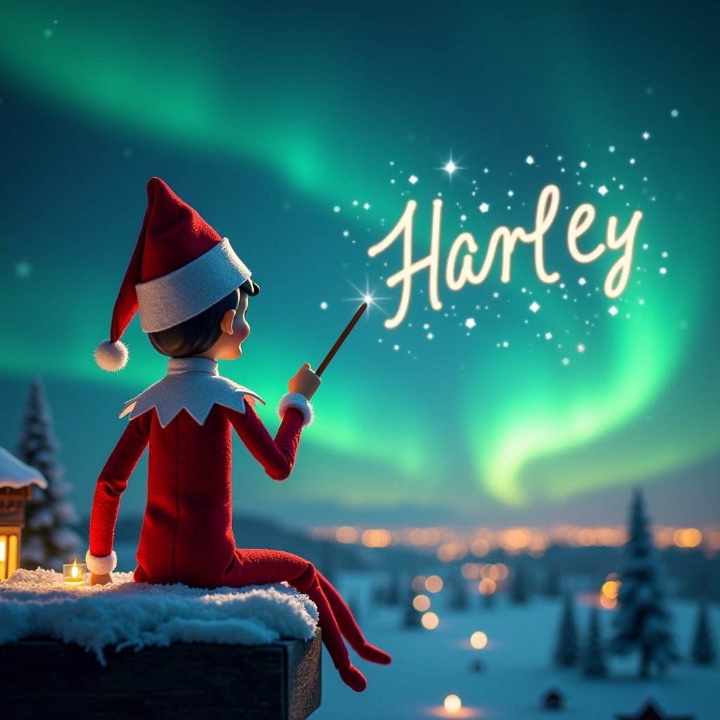 The image features an Elf on the Shelf character, facing away as it uses a wand to write the name 'Harley' in sparkling letters against a breathtaking sky. The background showcases magical northern lights, illuminating a winter landscape dotted with snow-covered trees and twinkling lights. This enchanting scene captures the essence of Christmas wonder and joy. The elf sports a traditional red and white outfit, adding to the festive atmosphere. Below, warm candlelight glows, inviting viewers into a cozy holiday setting.