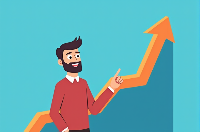 A cartoon man with a beard points at a rising orange graph line against a blue background, symbolizing growth or progress.