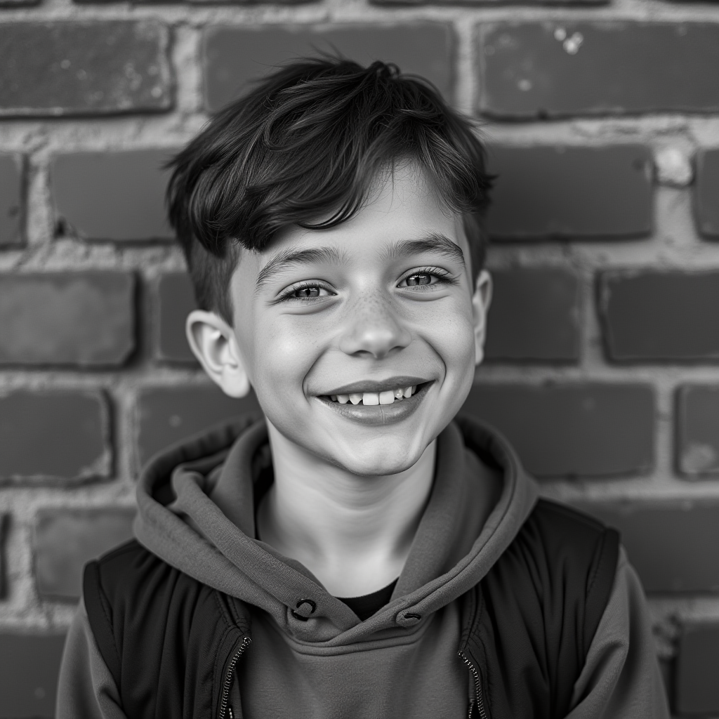 A black-and-white photo of a smiling child in front of a brick wall.