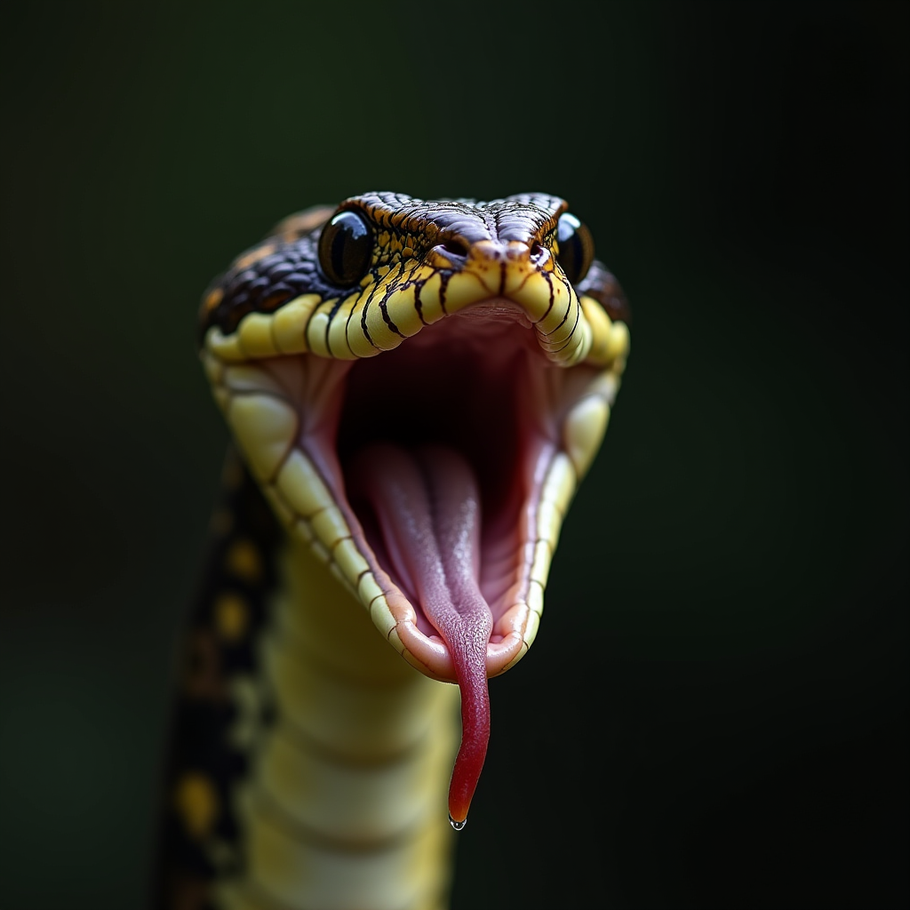 A close-up of a snake with its mouth open and tongue extended.