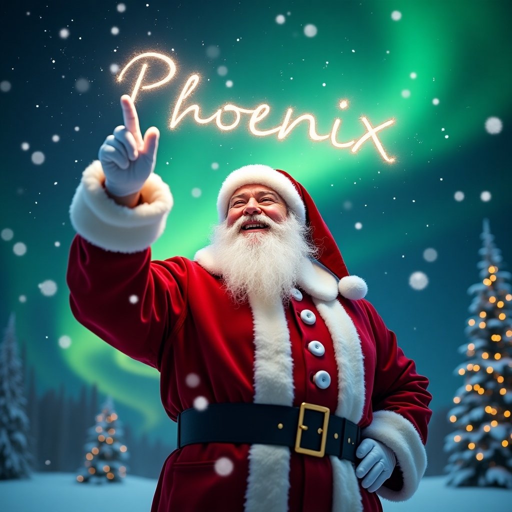 The image captures a magical moment in a winter wonderland. It features Santa Claus in his classic red suit, joyfully pointing upward. He seems to be writing the word 'Phoenix' in the sky with a sparkling wand. Surrounding him, snowflakes fall softly, adding to the festive feel. The enchanting northern lights create a magical backdrop, enhancing the scene's charm. This image embodies the spirit of Christmas and joy during the holiday season.