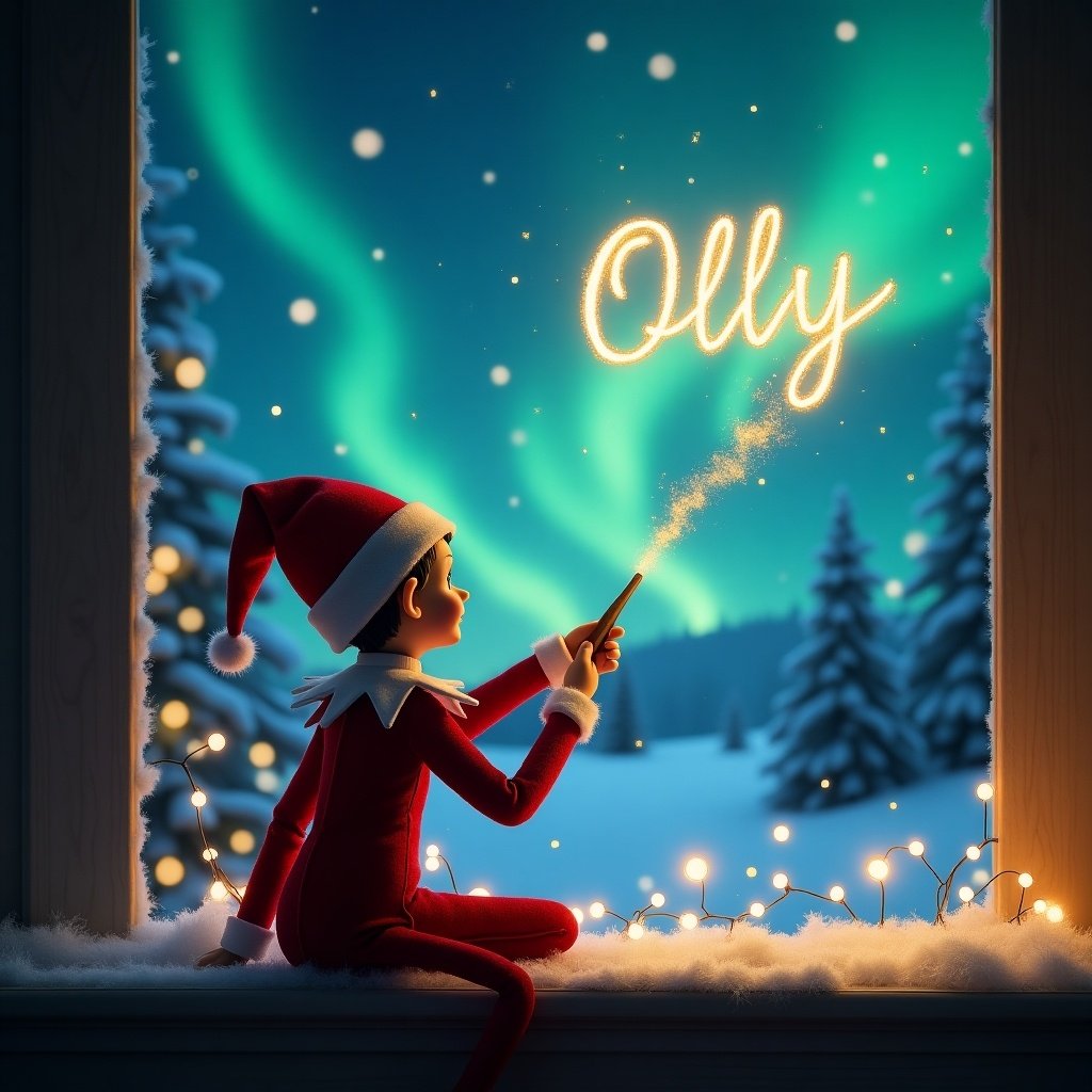 An illustration of an elf on the shelf sitting by a frosty window. The elf is facing a magical night sky filled with vibrant northern lights. He is using a wand to elegantly write 'Olly' in the sky as if it were magic. The scene is filled with twinkling lights around the window, creating a warm and festive ambiance. Snow-covered pine trees are visible in the background, adding to the wintery charm. The overall feeling is whimsical and enchanting, perfect for the Christmas season.