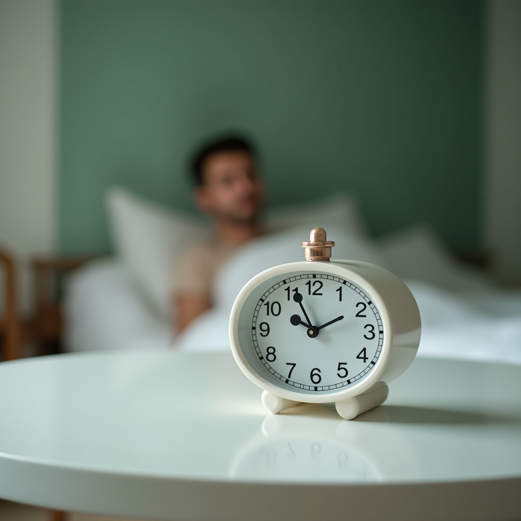 A person sitting in bed in the background with a vintage alarm clock in focus.