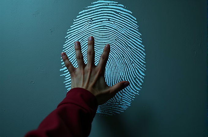 A hand reaches towards a large illuminated fingerprint on a wall.