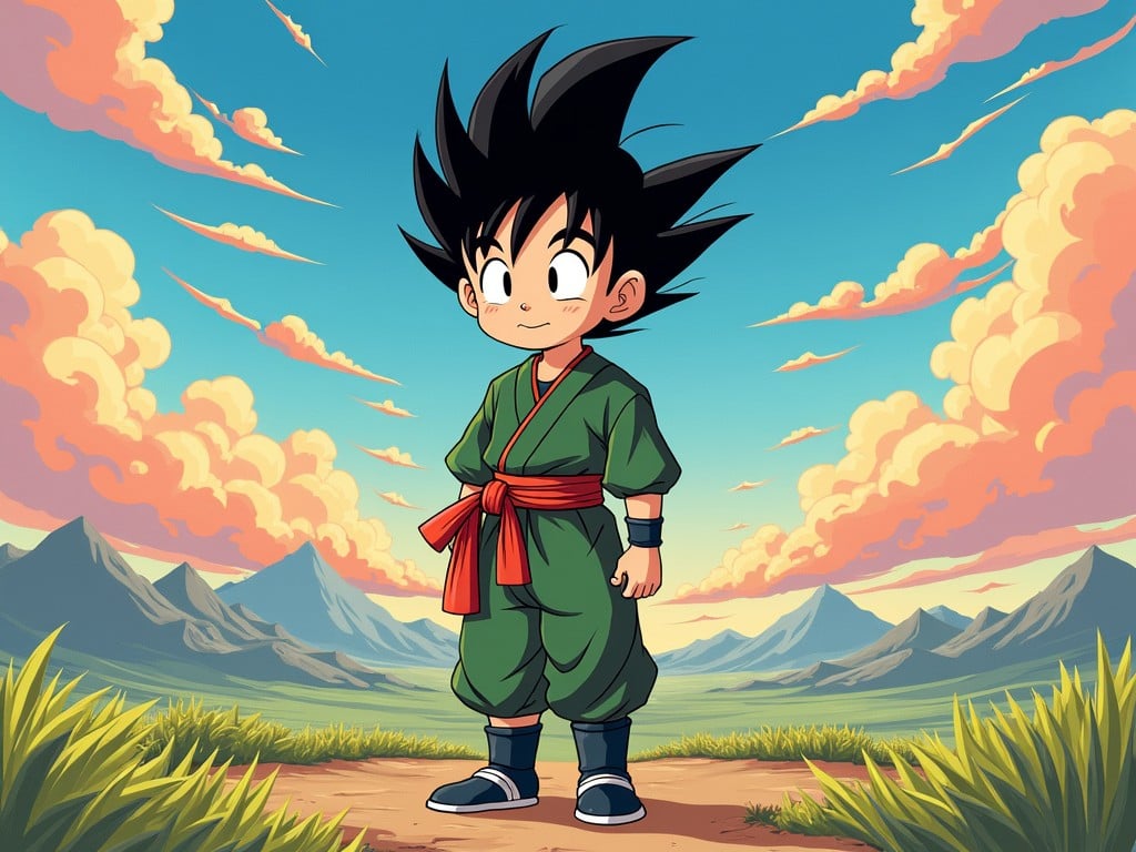 The image portrays a young anime character standing proudly in the midst of a vibrant landscape. The character is dressed in a green outfit with a red belt, exuding a sense of adventure. The background showcases rolling hills and a field of lush grass, set against a dazzling sky painted with orange and yellow clouds, suggesting a picturesque dawn or dusk.