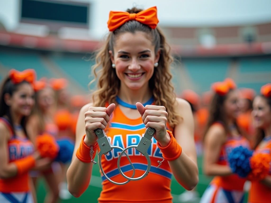 The image features a cheerful cheerleader prominently smiling while holding metal handcuffs. She is dressed in a bright cheerleading outfit, showcasing vibrant colors of orange and blue. In the background, her fellow cheerleaders are engaged in a spirited activity, adding energy to the scene. The setting appears to be a sports venue, likely during an event. The sunlight illuminates the cheerful expressions of the participants, highlighting the fun and lively atmosphere.