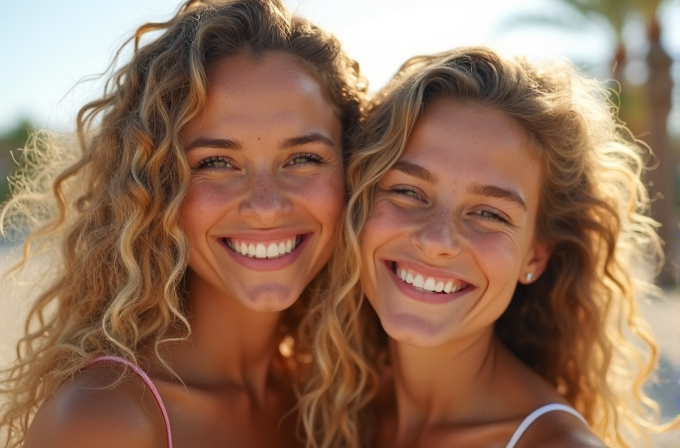 Two people with curly hair are smiling broadly in a sunny setting.