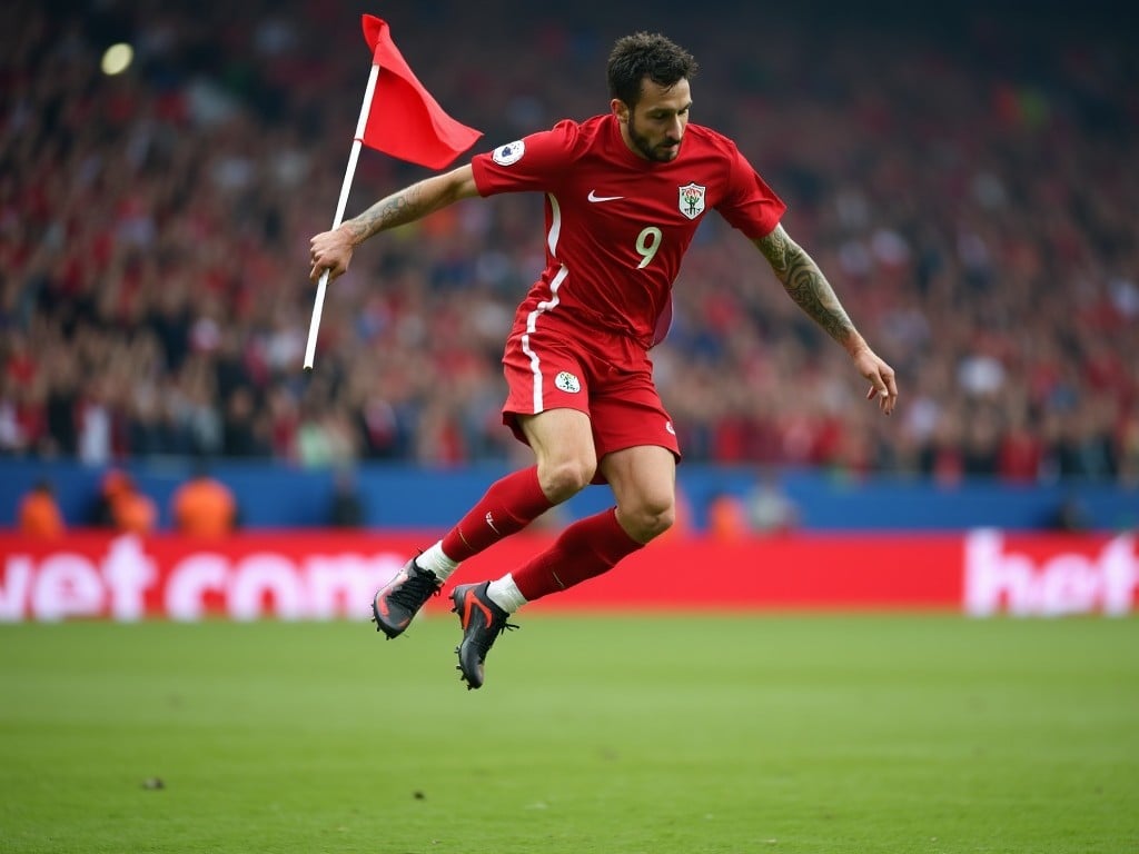 The image captures an athlete in a red soccer jersey performing a celebration, holding a small flag. This moment reflects the excitement and passion in soccer. The backdrop shows a cheering crowd, emphasizing the sport's electrifying atmosphere. The player appears airborne, showcasing their athleticism. Bright colors dominate the scene, adding to the intensity of the moment. This image illustrates the joy of scoring and the connection between the player and supporters.