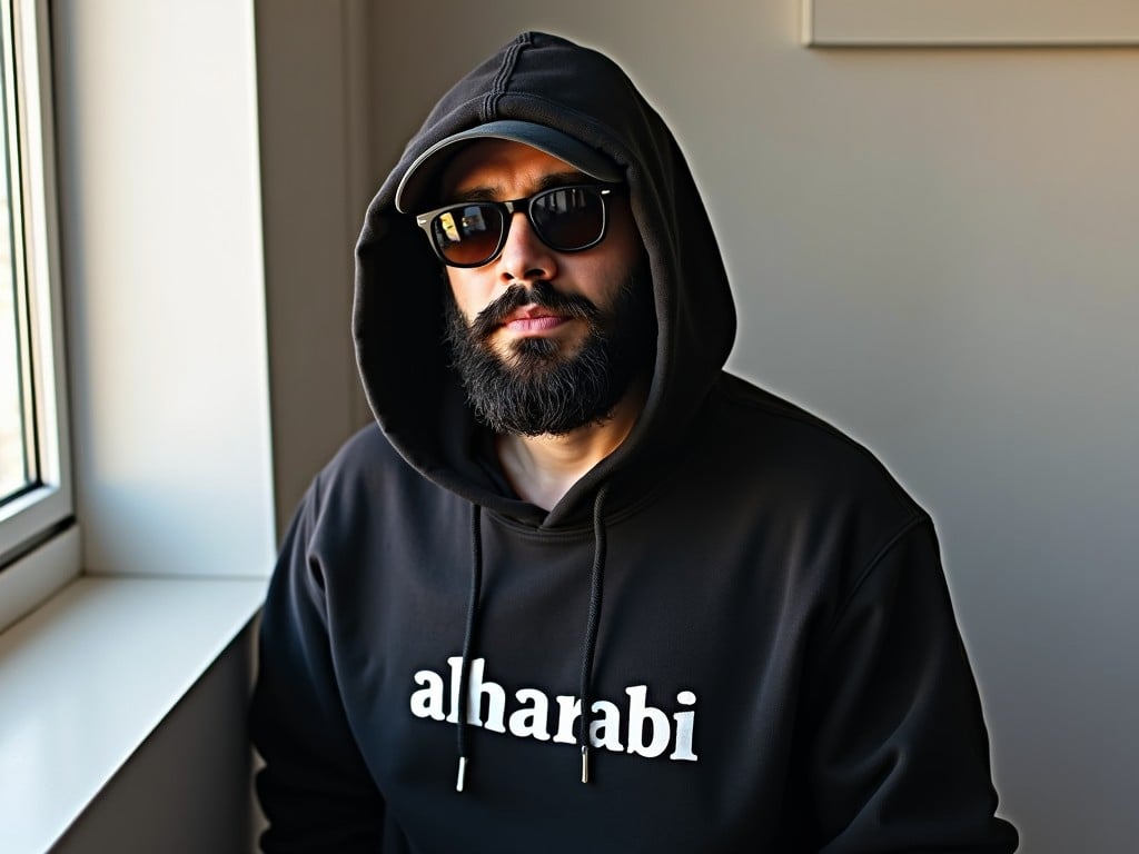 A man stands near a window, gazing outside. He has a black beard and is wearing sunglasses, which give him a mysterious look. His outfit features a black hoodie with the word 'alharabi' printed on it. The natural light from the window highlights his features and the details of his clothing. This image captures a sense of urban style and cool demeanor, creating an inviting and intriguing atmosphere.