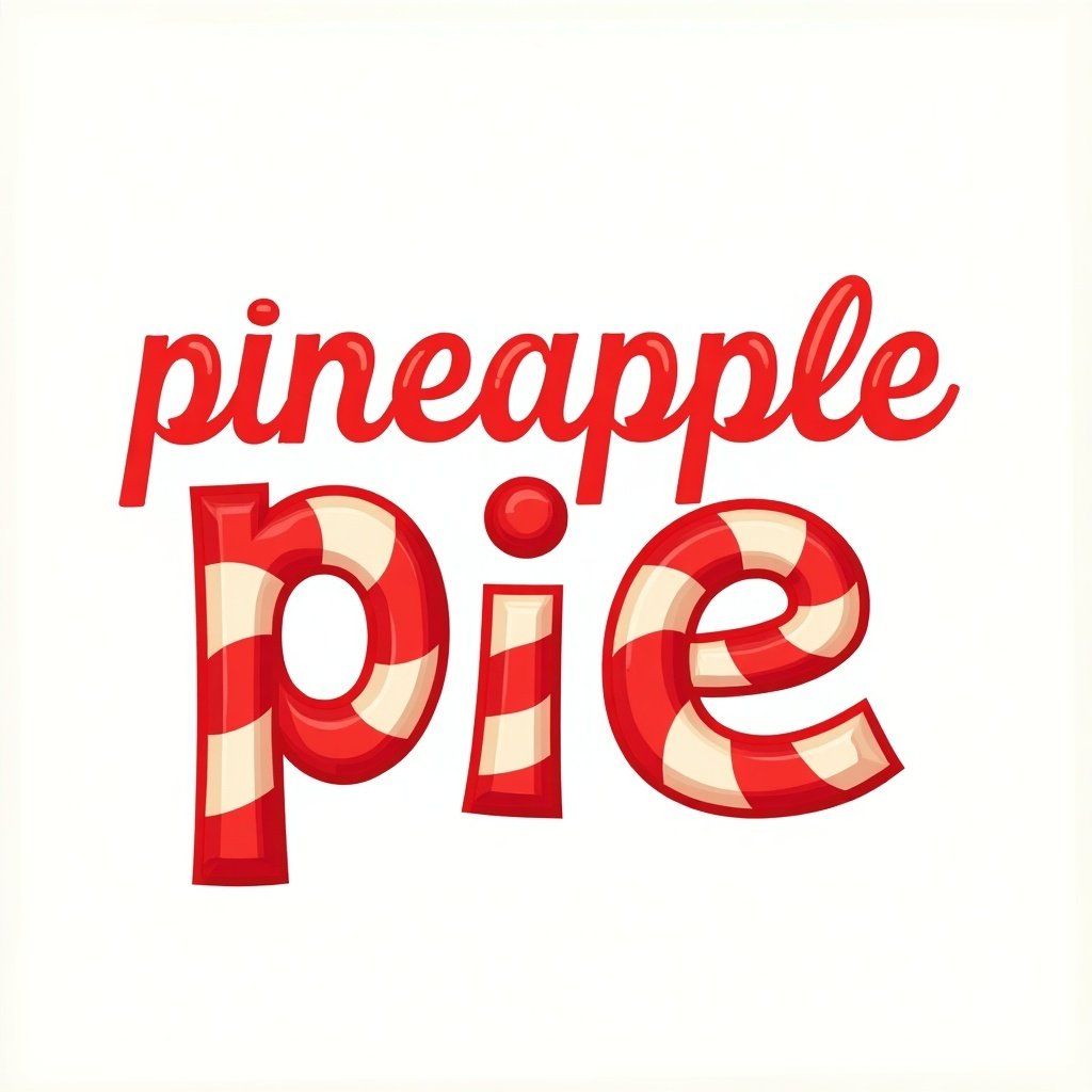 This image features a playful typographic design highlighting the words 'pineapple pie.' The letters are vibrant red with white stripes resembling candy canes. This whimsical typography evokes a sense of fun and deliciousness. The bright colors and inviting style make it appealing for food-related contexts. Ideal for branding, marketing, or promotional materials, it captures the essence of a delightful dessert.