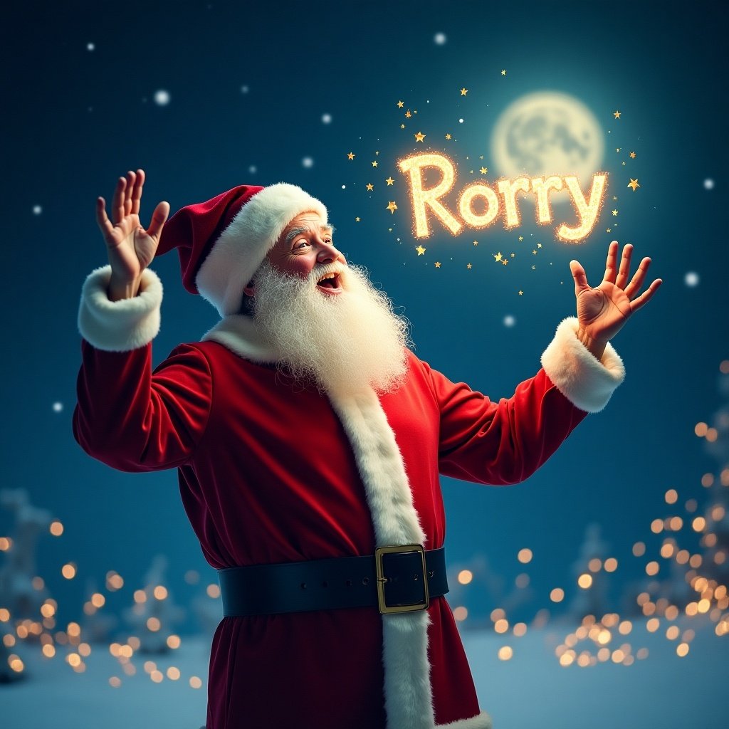 The image features a joyful Santa Claus in his classic red suit and fluffy white trim. He is standing against a magical night sky, with twinkling lights resembling stars in the background. In an enchanting display, he is writing the name 'Rorry' in the air with sparkles. The scene is illuminated by a bright moon, adding to the festive ambiance. This artistic portrayal captures the spirit of Christmas and the joy of giving. It could be used in various holiday-themed materials. The image radiates warmth and happiness, embodying the essence of the holiday season.